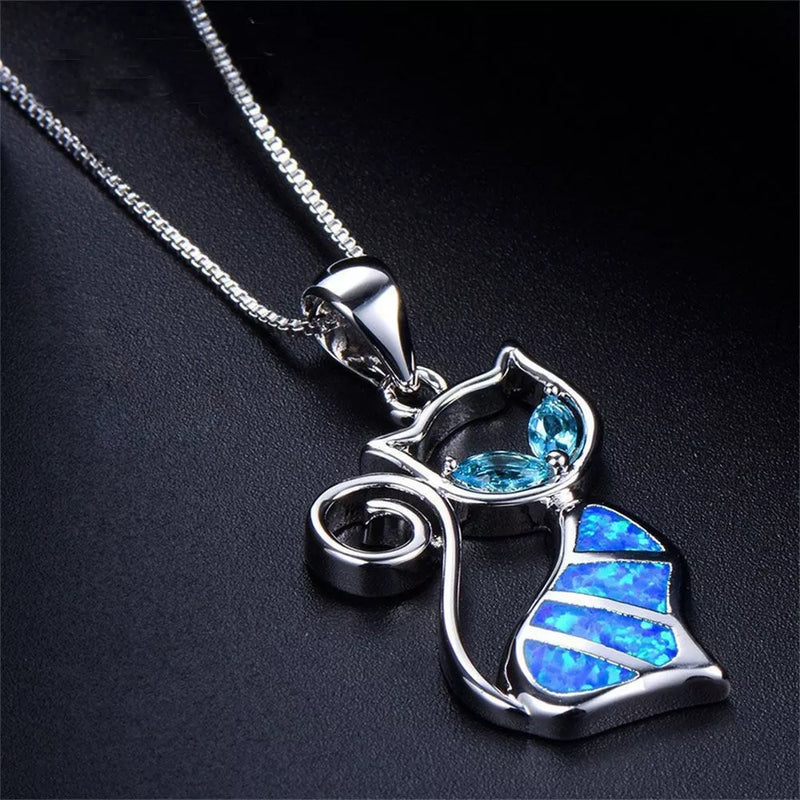 Blue Opal Cat Necklace - 925 Sterling Silver Pendant Chain Set
