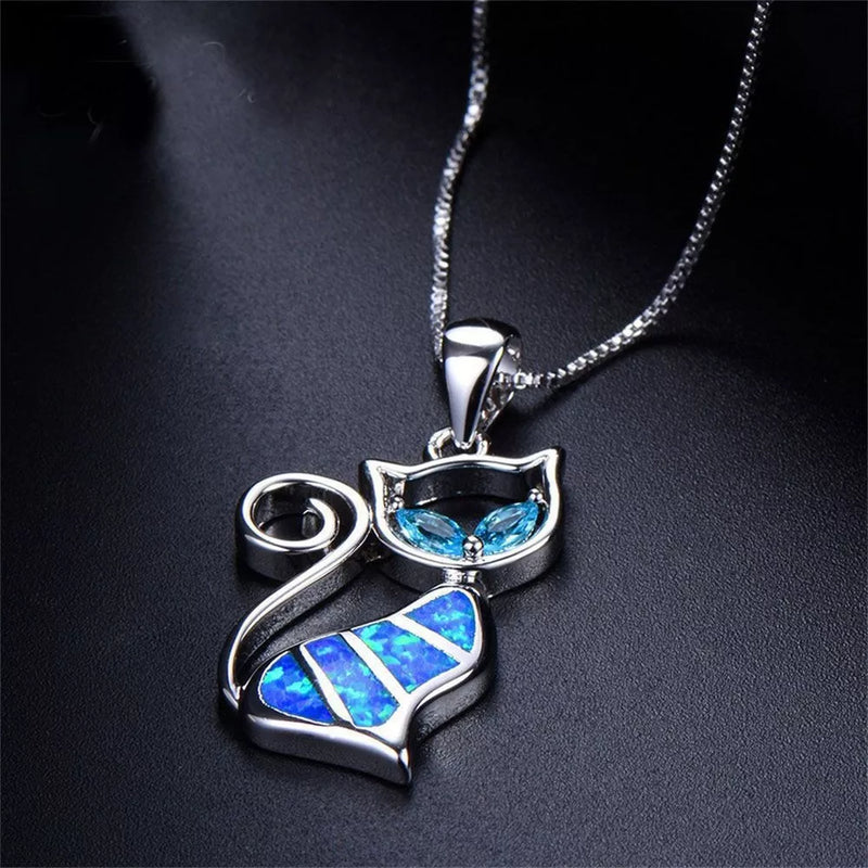 Blue Opal Cat Necklace - 925 Sterling Silver Pendant Chain Set