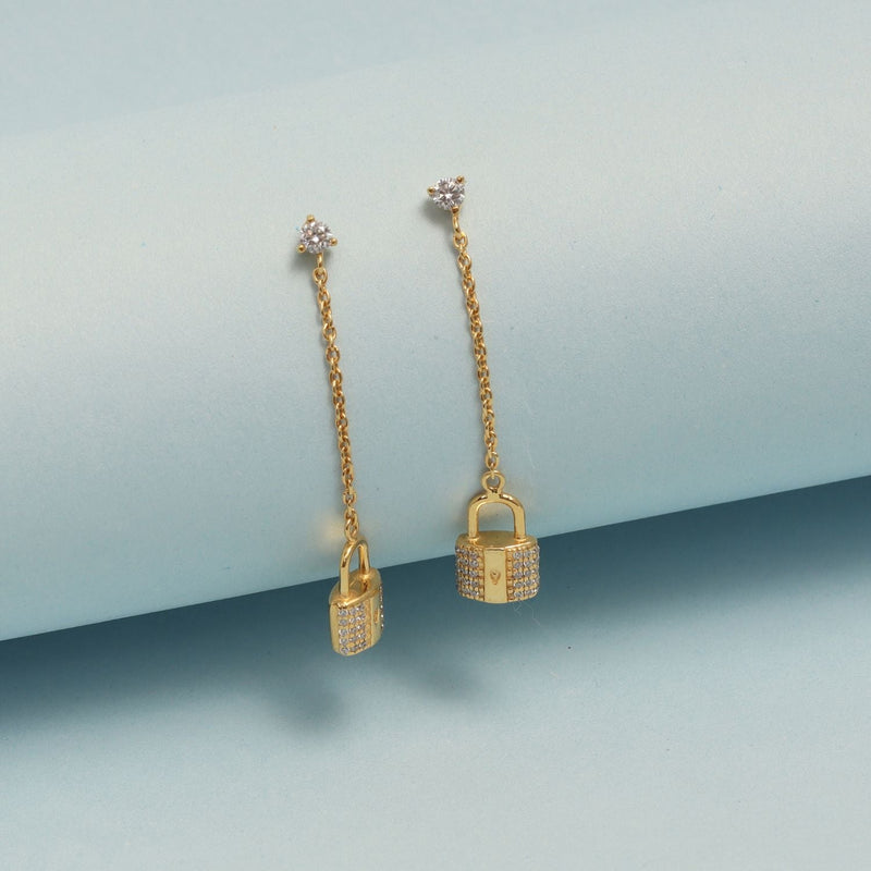 925 Sterling Silver 14K Gold Plated Delicate Lock Cute Tiny Earrings for Women Teen