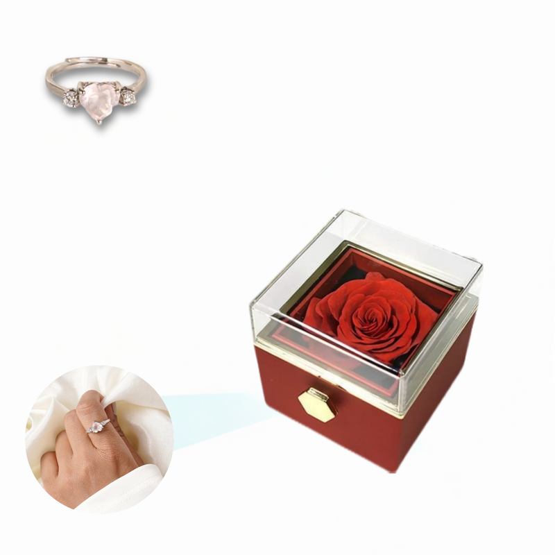 Eternal Rose Rotating Box With Heart Ring Gift Set - 925 Sterling Silver Adjustable Size