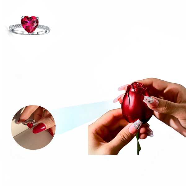 Rose Stem Box With Heart Ring Gift Set - 925 Sterling Silver Adjustable Size