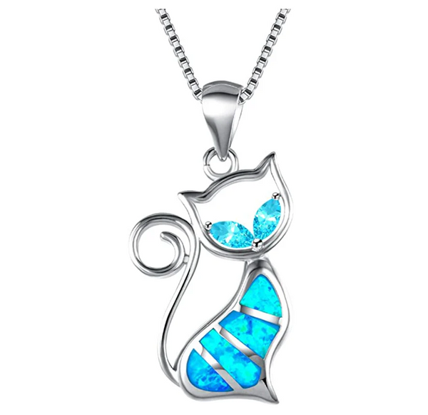 Blue Opal Cat Necklace - 925 Sterling Silver Pendant Chain Set