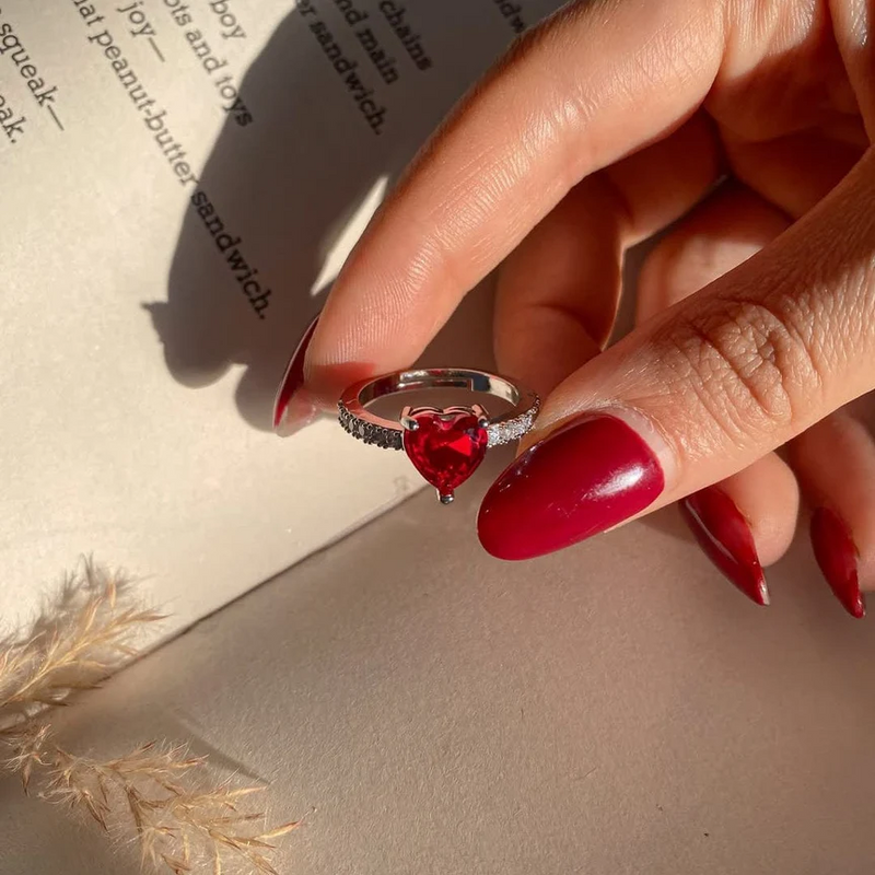 Eternal Rose Rotating Box With Red Heart Ring Gift Set - 925 Sterling Silver Adjustable Size