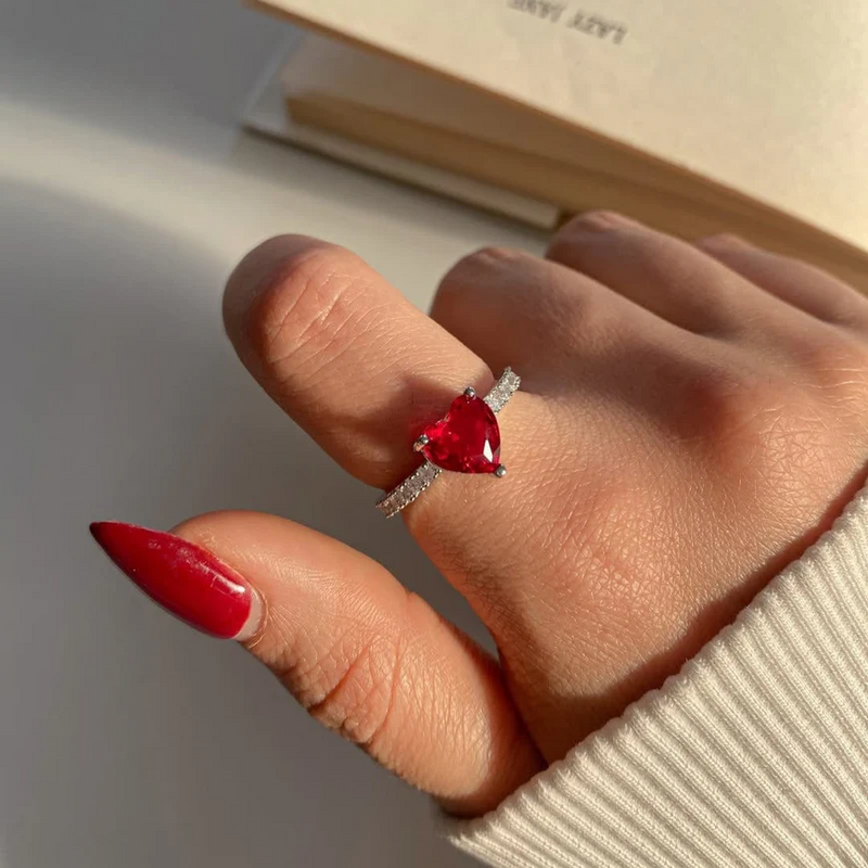 Eternal Rose Rotating Box With Red Heart Ring Gift Set - 925 Sterling Silver Adjustable Size