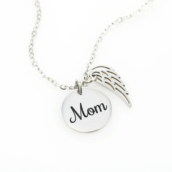 Mom Engraved Angel Necklace - 925 Sterling Silver Pendant Set
