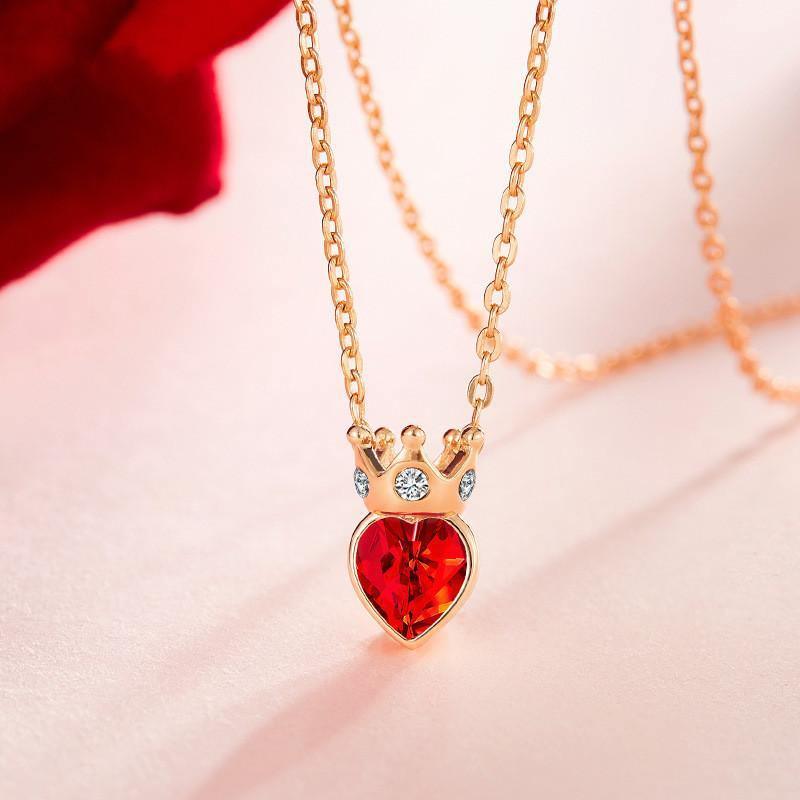 Red Heart Crown Necklace - 925 Sterling Silver Pendant Chain Set