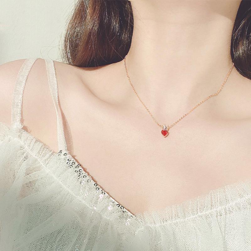 Red Heart Crown Necklace - 925 Sterling Silver Pendant Chain Set