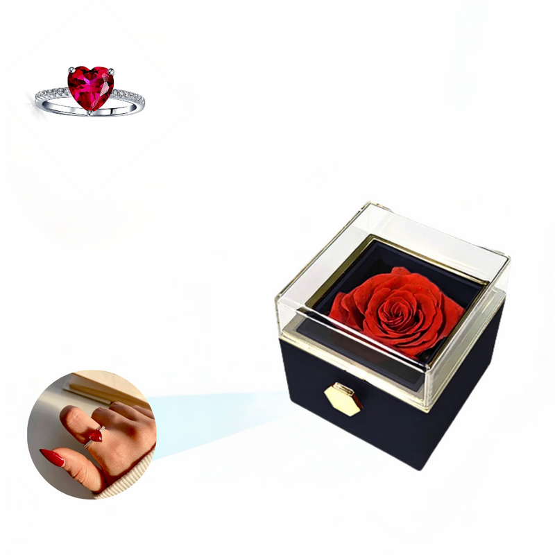 Eternal Rose Rotating Box With Red Heart Ring Gift Set - 925 Sterling Silver Adjustable Size