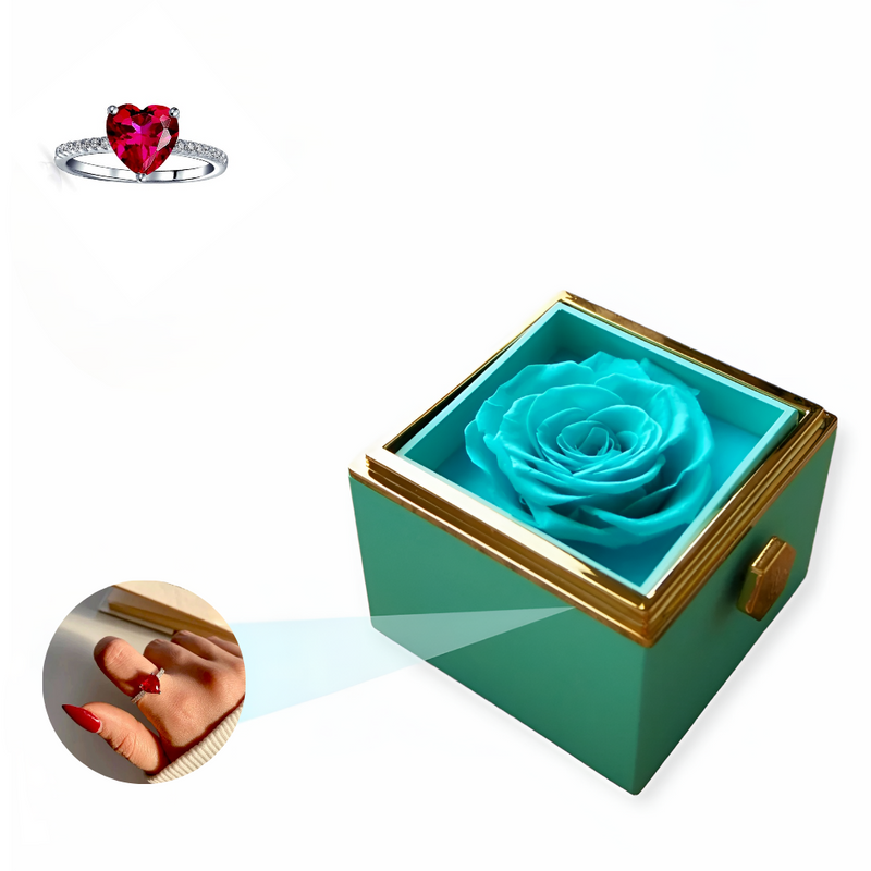 Eternal Rose Rotating Box With Red Heart Ring Gift Set - 925 Sterling Silver Adjustable Size