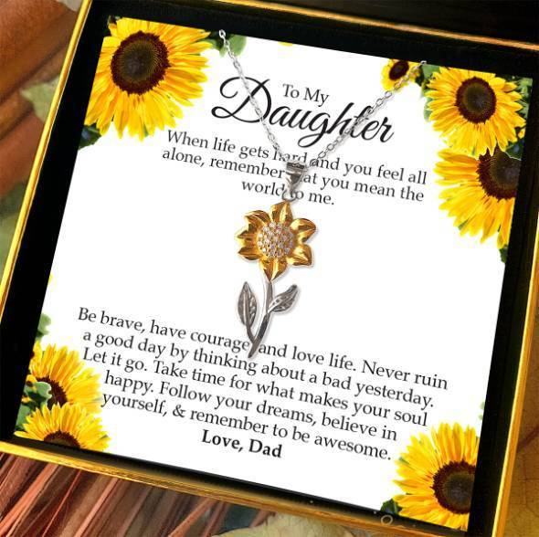To My Daughter, Love Dad - 925 Sterling Silver Golden Sunflower Necklace Gift Set