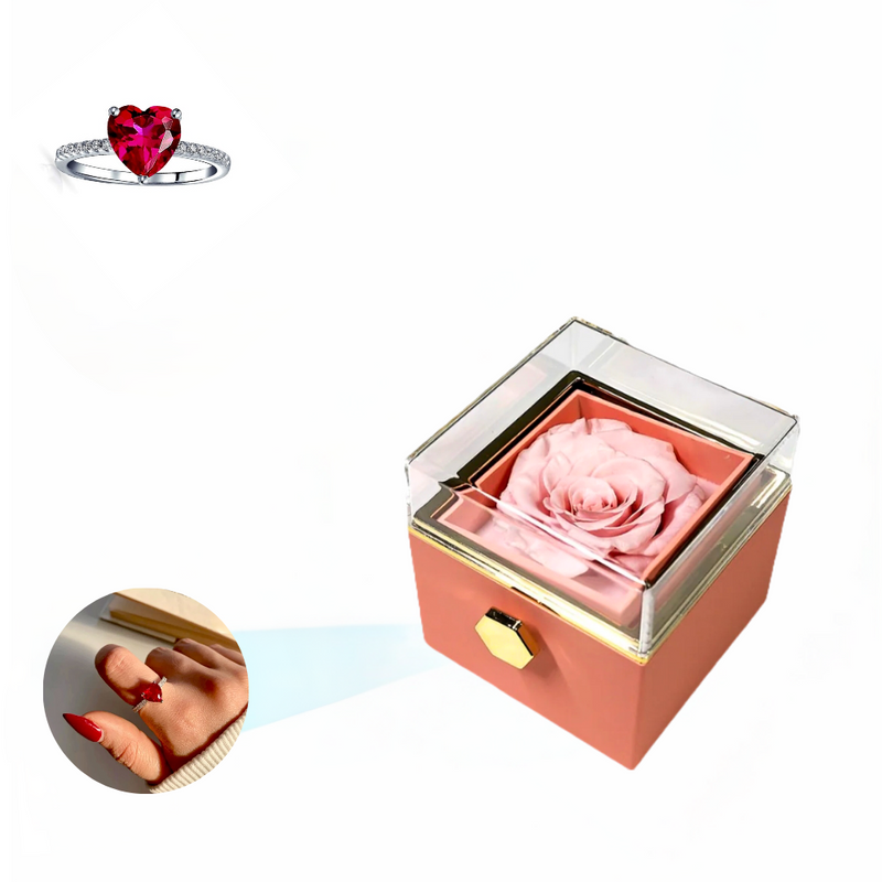 Eternal Rose Rotating Box With Red Heart Ring Gift Set - 925 Sterling Silver Adjustable Size