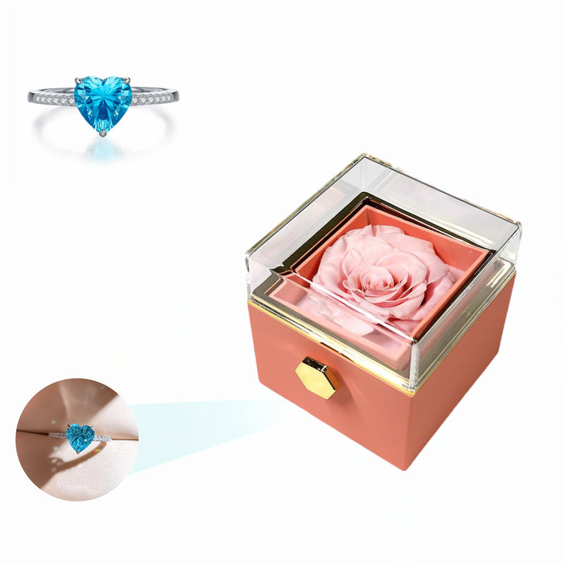 Eternal Rose Rotating Box With Blue Heart Ring Gift Set - 925 Sterling Silver Adjustable Size