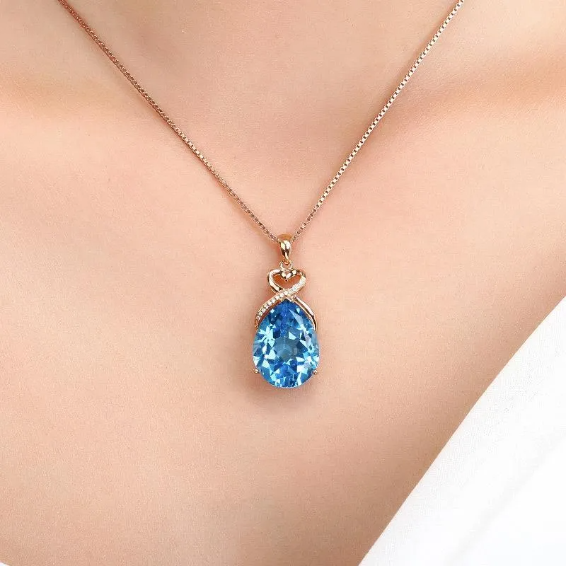 Rose Gold Blue Crystal Necklace - 925 Sterling Silver Pendant Set