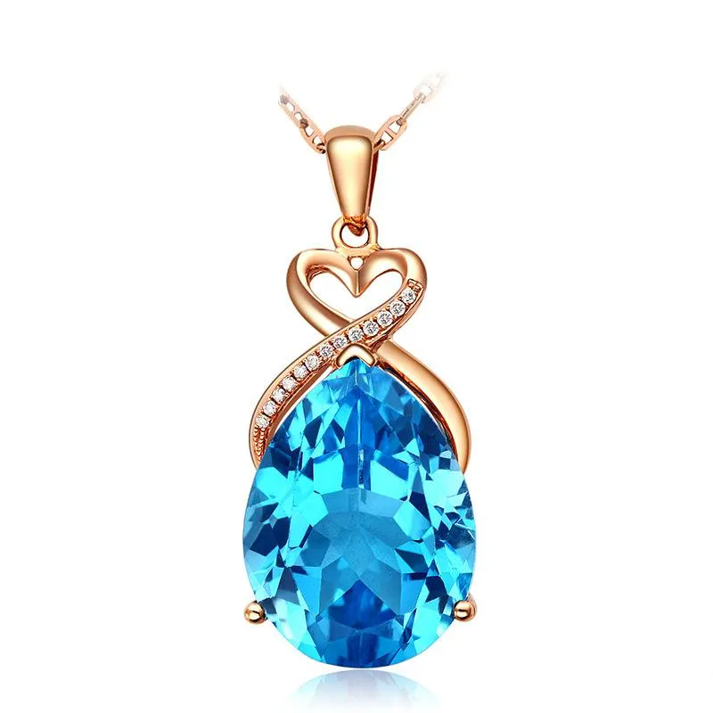 Rose Gold Blue Crystal Necklace - 925 Sterling Silver Pendant Set