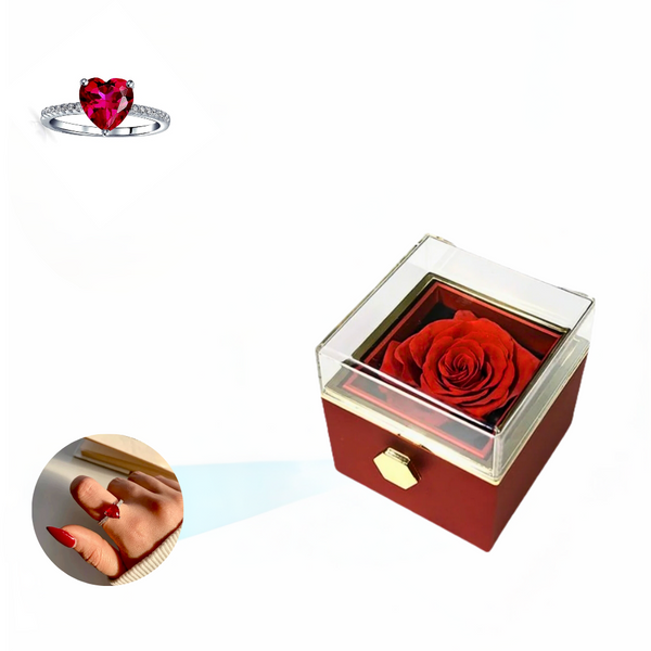 Eternal Rose Rotating Box With Red Heart Ring Gift Set - 925 Sterling Silver Adjustable Size