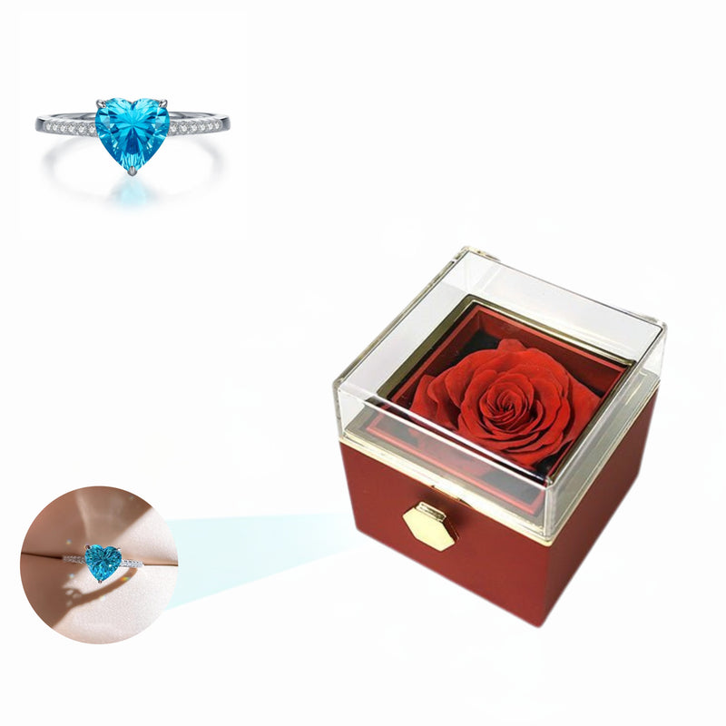 Eternal Rose Rotating Box With Blue Heart Ring Gift Set - 925 Sterling Silver Adjustable Size