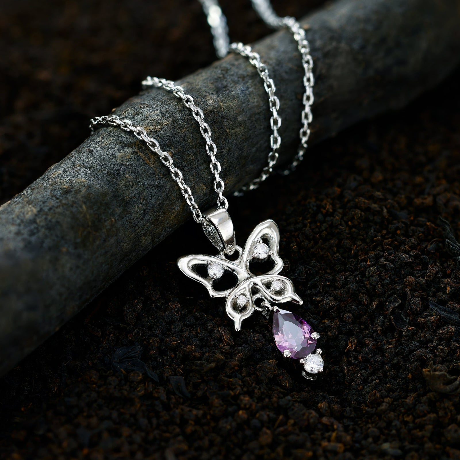 Large Filigree Butterfly Pendant Necklace with CZ Accents in Sterling Large Filigree Butterfly Pendant Necklace with CZ Accents in Sterling