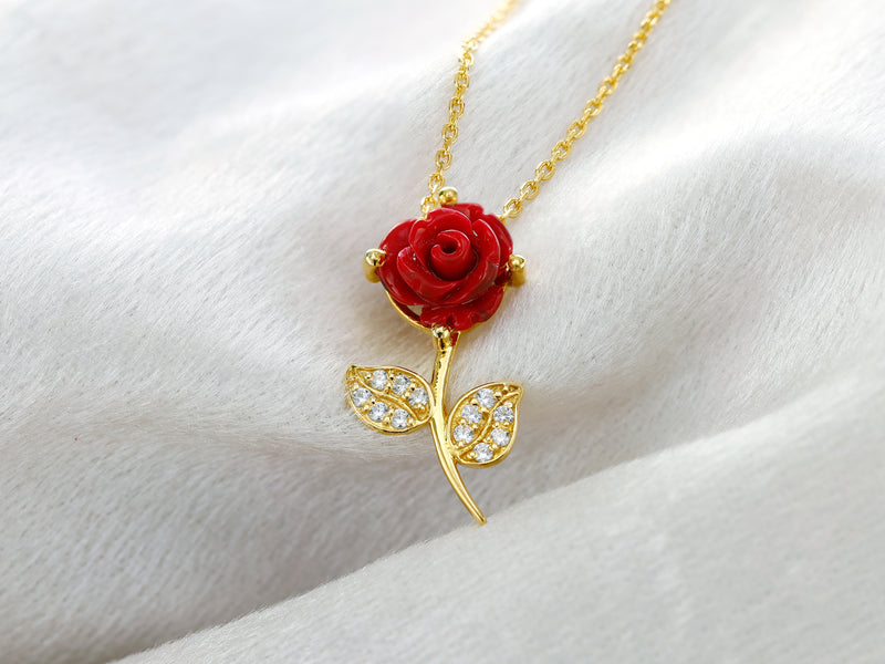 Perfect Anniversary Gife Idea for Wife - Pure Silver Red Rose Necklace Gift Set