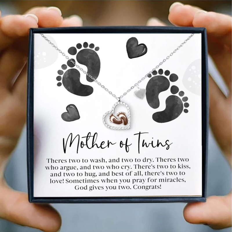 Best Gift For Mom Expecting Twins - Baby Feet Heart Pure Silver Necklace Gift Set