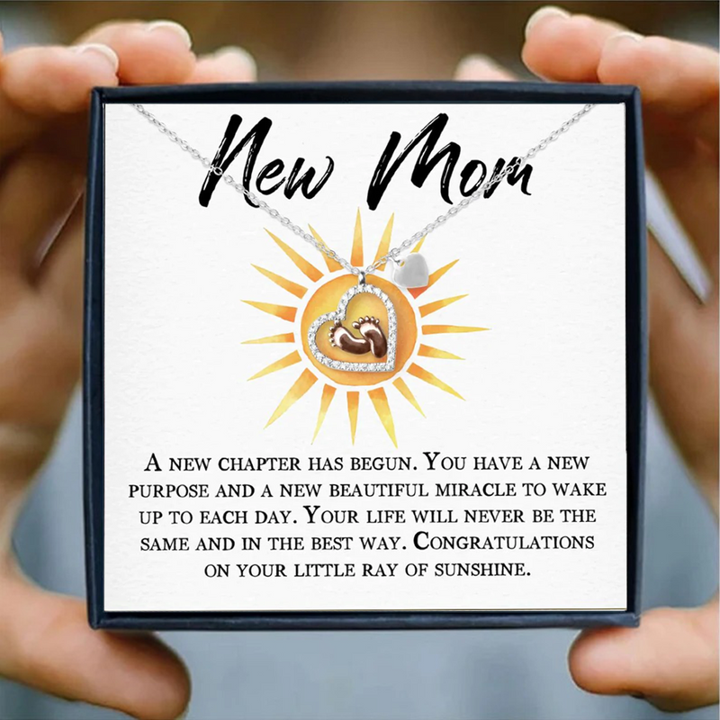 Meaningful Gift for New Mom - Baby Feet Heart Pure Silver Necklace Gift Set