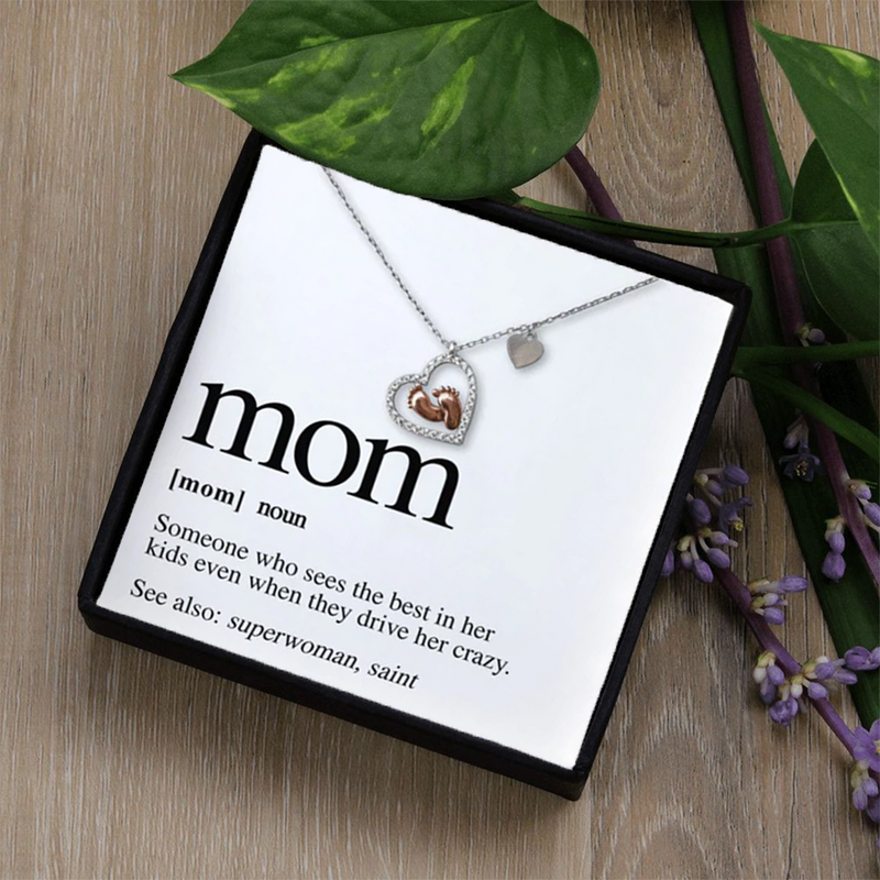Special Gift for New Mom / Mother To Be - Baby Feet Heart Pure Silver Necklace Gift Set