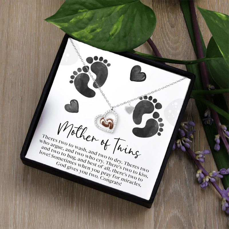 Best Gift For Mom Expecting Twins - Baby Feet Heart Pure Silver Necklace Gift Set