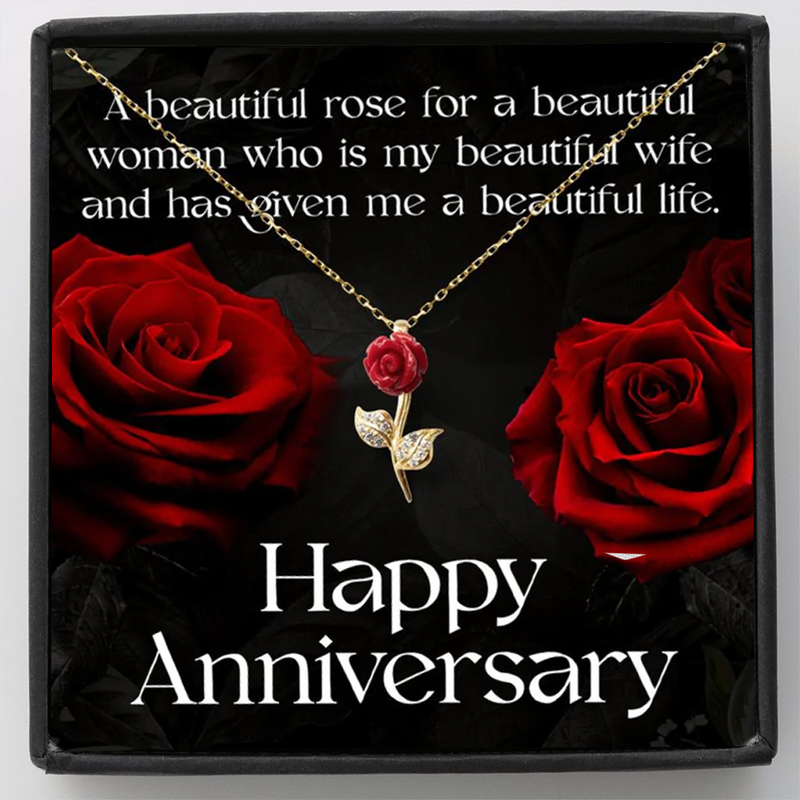 Beautiful Anniversary Gift for Wife - Pure Silver Red Rose Necklace Gift Set