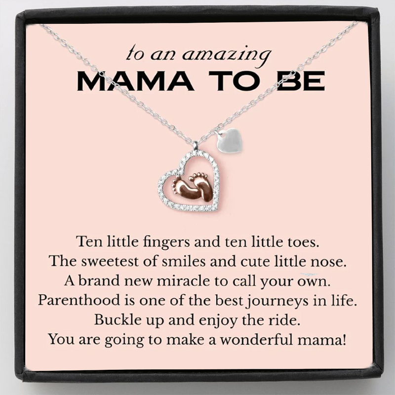 Meaningful Gift for Mom to be - Baby Feet Heart Pure Silver Necklace Gift Set