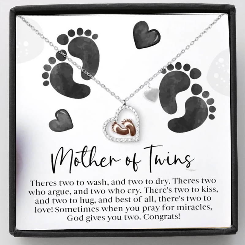 Best Gift For Mom Expecting Twins - Baby Feet Heart Pure Silver Necklace Gift Set