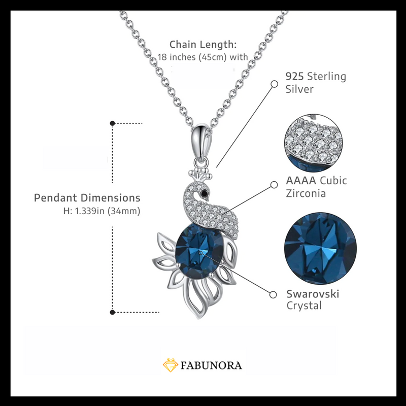 Swarovski Crystal Peacock Necklace - Pure Silver Pendant