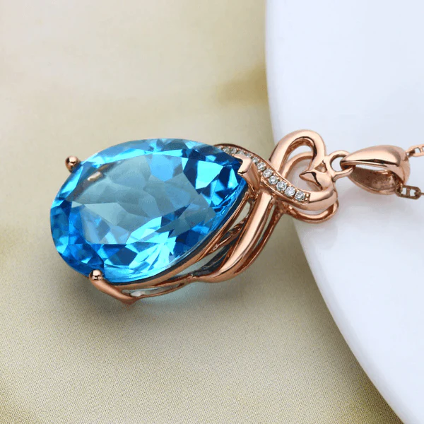 Rose Gold Blue Crystal Necklace - 925 Sterling Silver Pendant Set