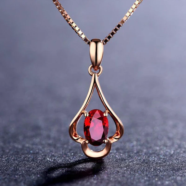 Rose Gold Red Crystal Necklace - 925 Sterling Silver Pendant Set