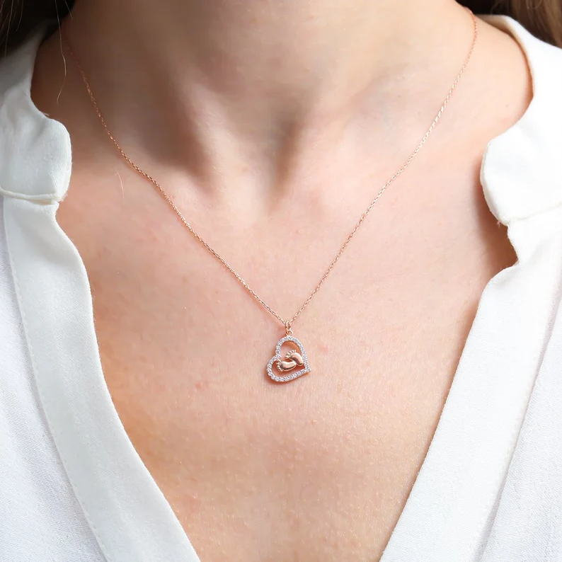 Best Mom to be Gift Idea - Pure Silver Baby Footstep Heart Necklace Gift Set