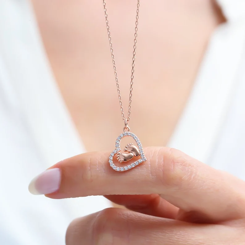 Best Mom to be Gift Idea - Pure Silver Baby Footstep Heart Necklace Gift Set