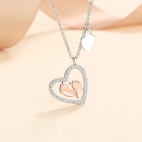 Best Mom to be Gift Idea - Pure Silver Baby Footstep Heart Necklace Gift Set