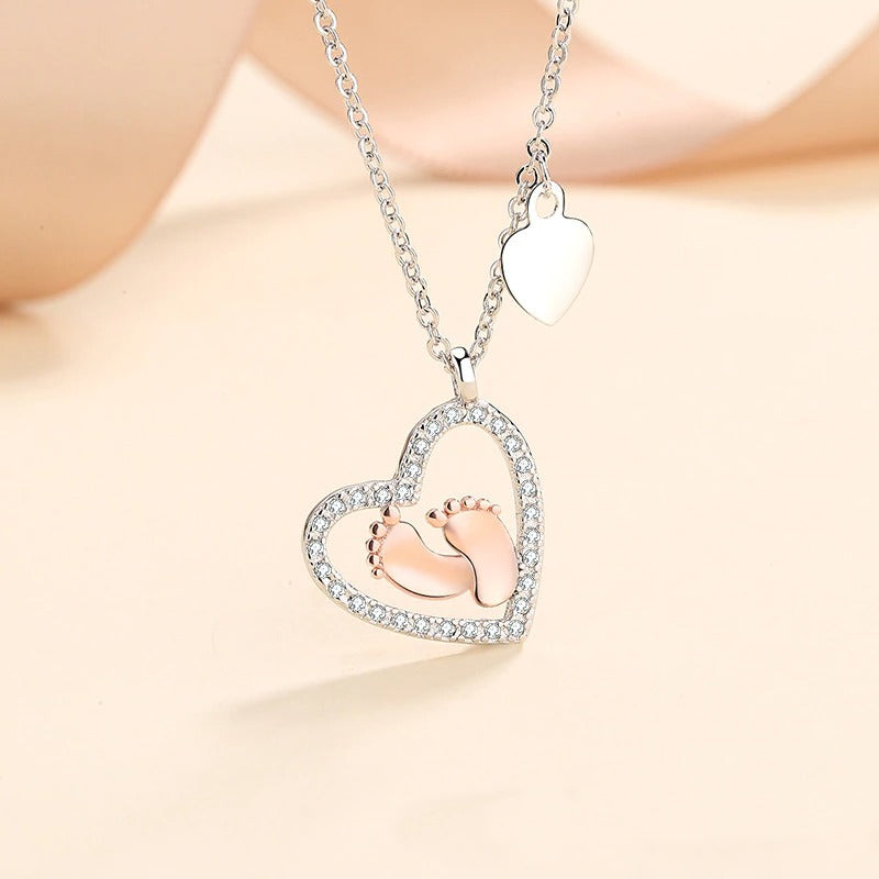 Best Mom to be Gift Idea - Pure Silver Baby Footstep Heart Necklace Gift Set